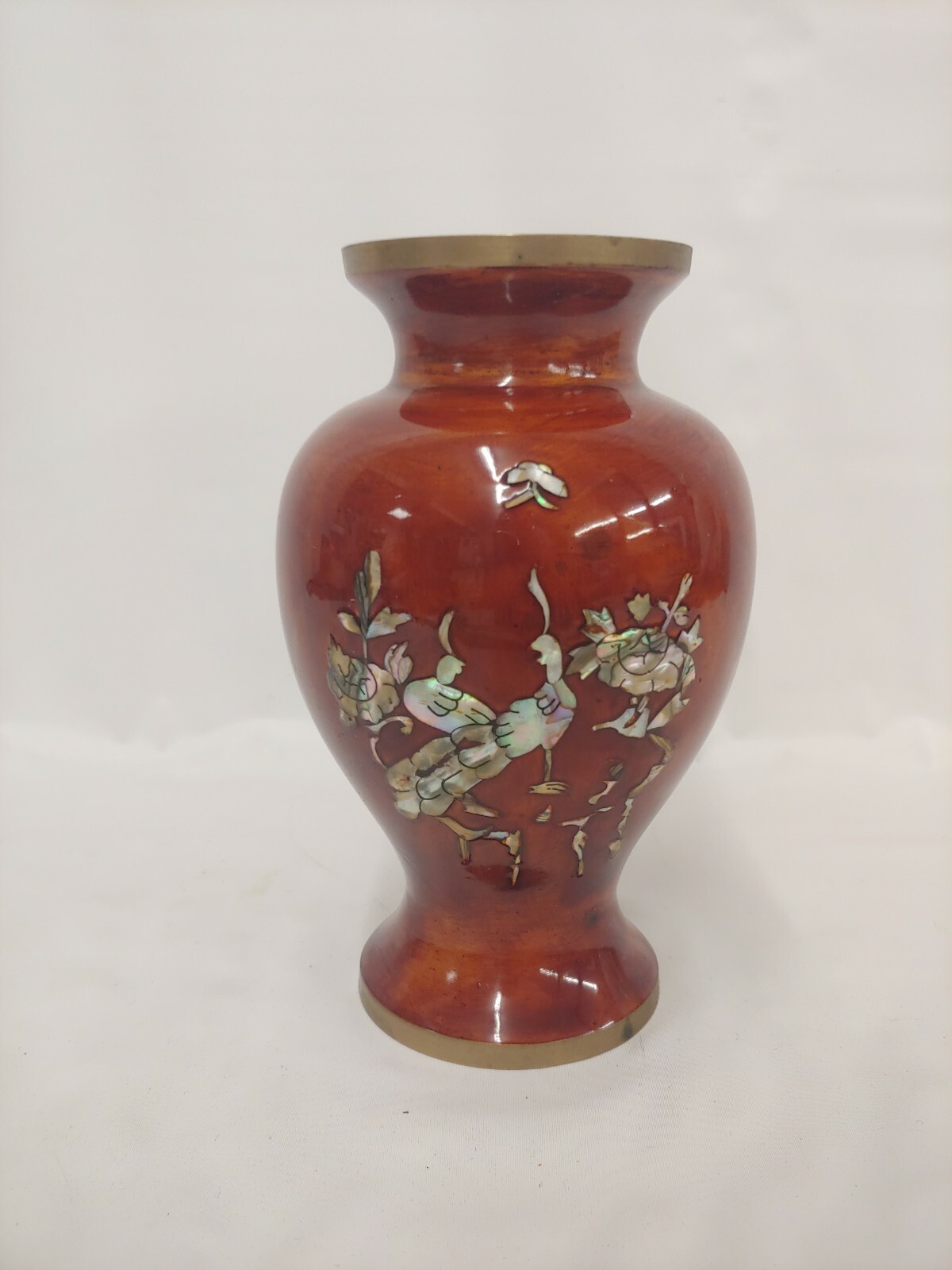 Antique VTG Brass Bronze Faux Wood Porcelain Paint Inlaid Mother Of Pearl Vase