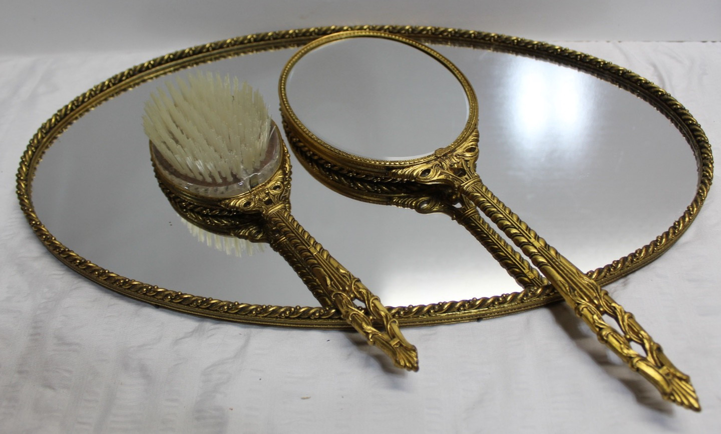 Vintage Vanity Collection ~ Brush Vanity Tray Hand Mirror ~ Brass Filigree