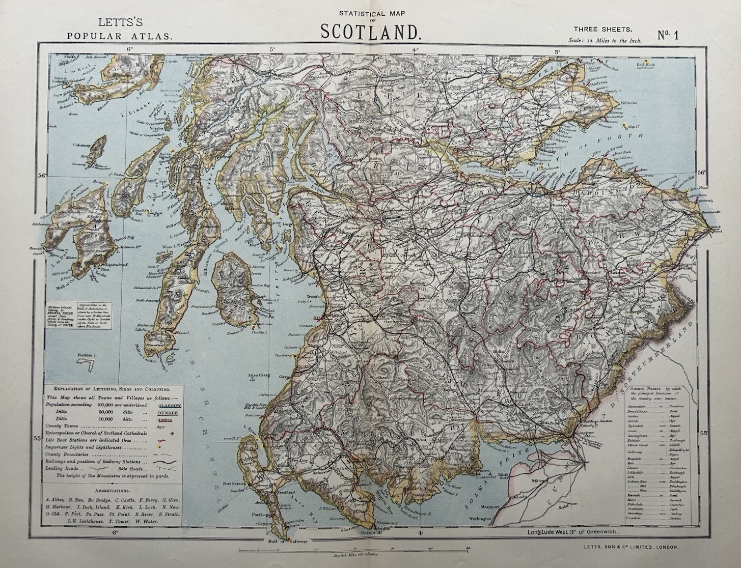 1883 South Scotland Original Antique Colour Map by Letts