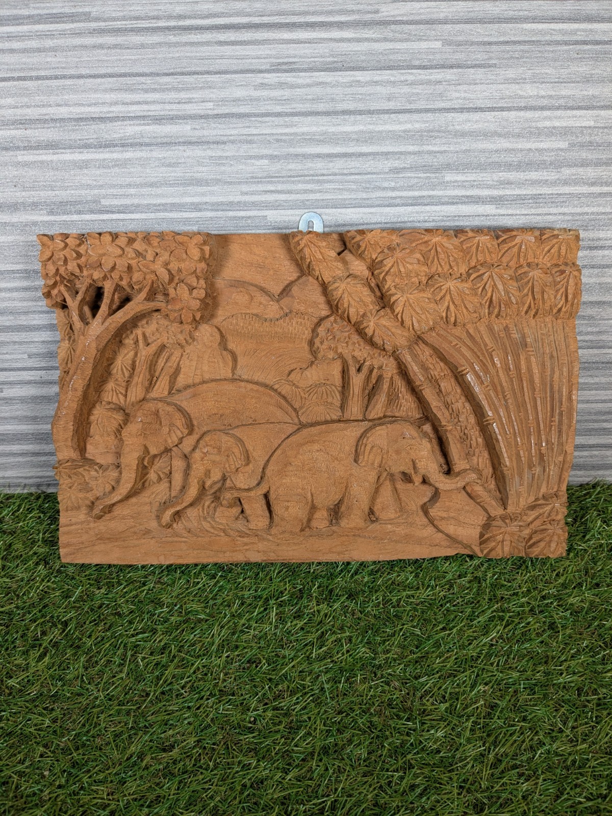 Vintage Arts & Crafts Carved Wood Plaque Elephant Foliage Forest 32 x 21cm 1.2kg