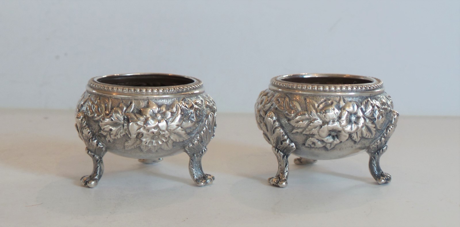Pair Kirk REPOUSSE Coin Silver Footed Salt Cellars,100 Grams
