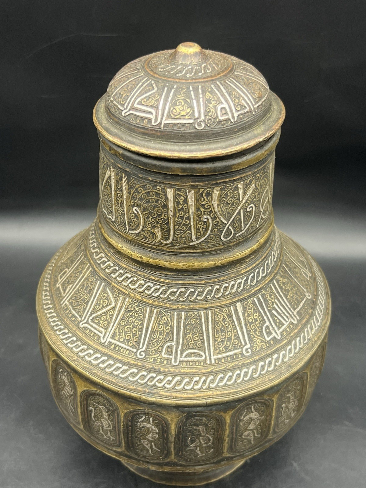 Middle Eastern Islamic Art Bronze Vase Silver Inlaid Arabic Calligraphic 1800
