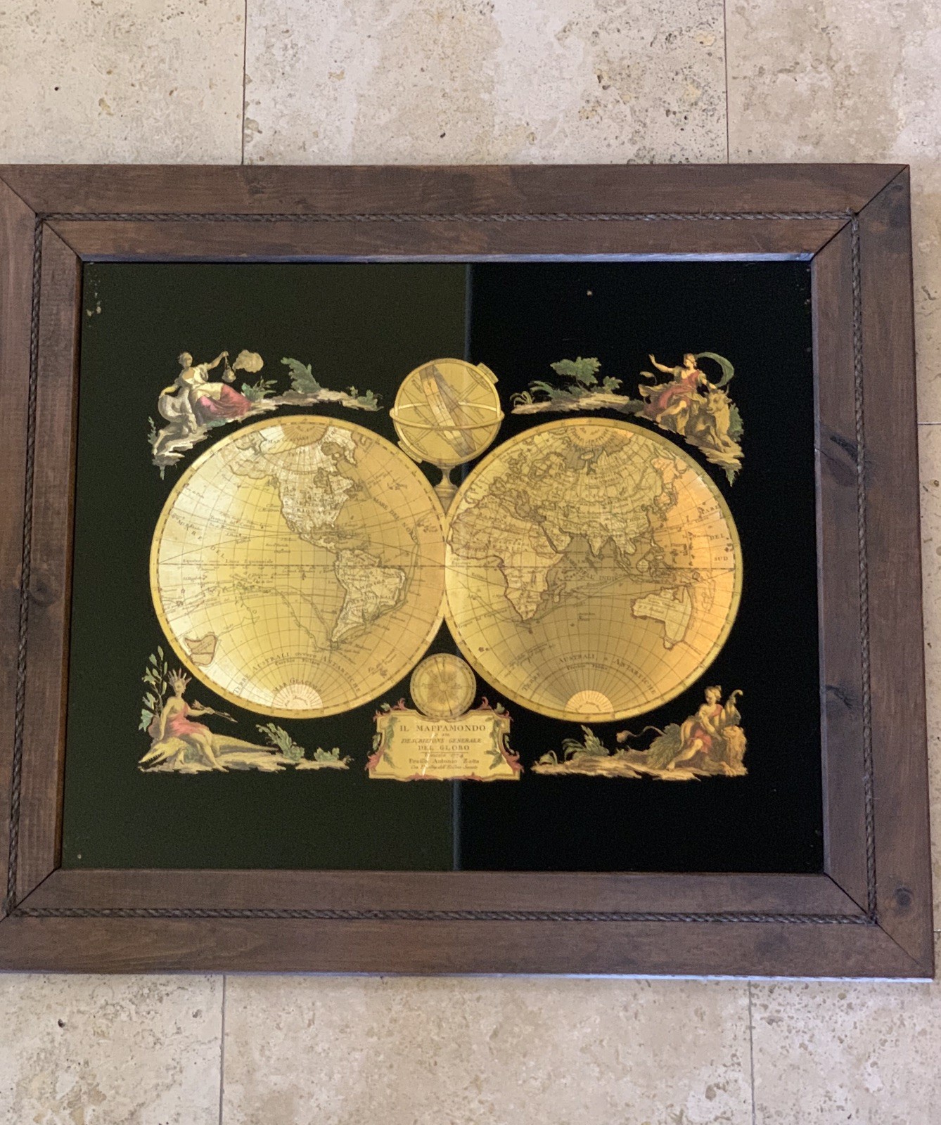 Il MappaMondo Gold Foil 1774 World Map Antonio Zatta Framed 30″ x 26″