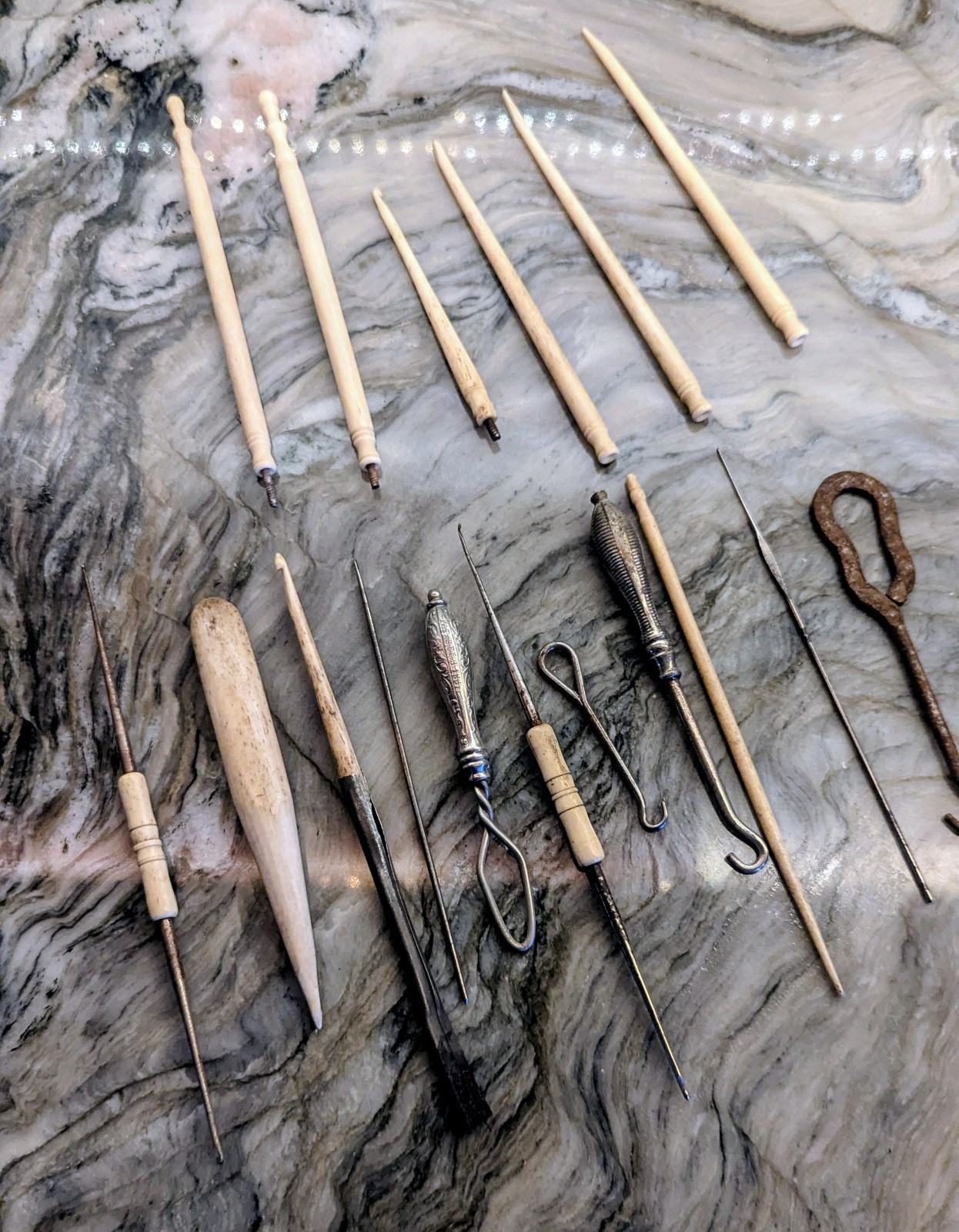 Antique Victorian Bone & Sterling Crochet Hook Sewing Tool Lot 19 Pc 1867 Pat.