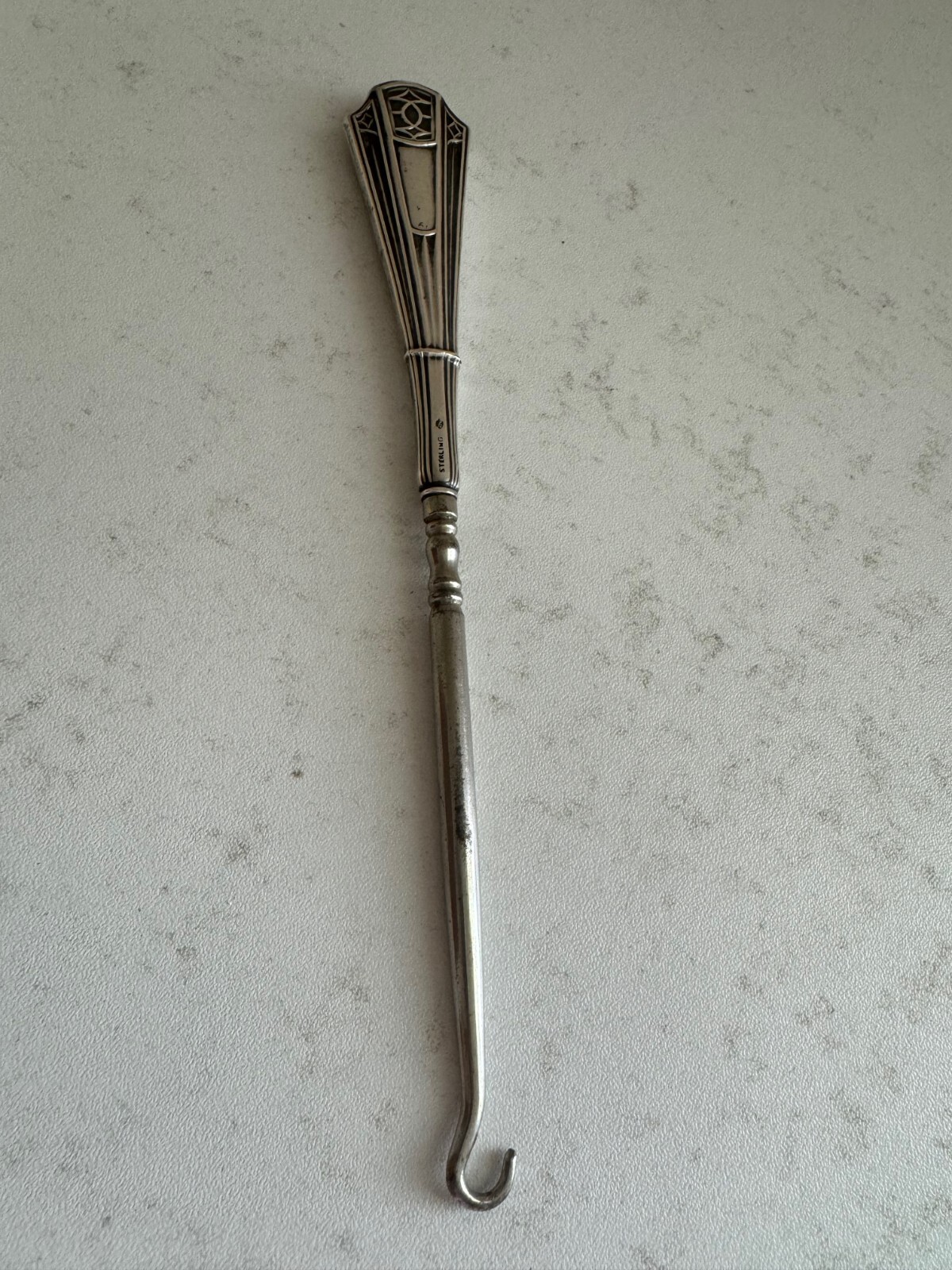 Antique Sterling Silver Handle w/ Mark Button Hook Geometric Design