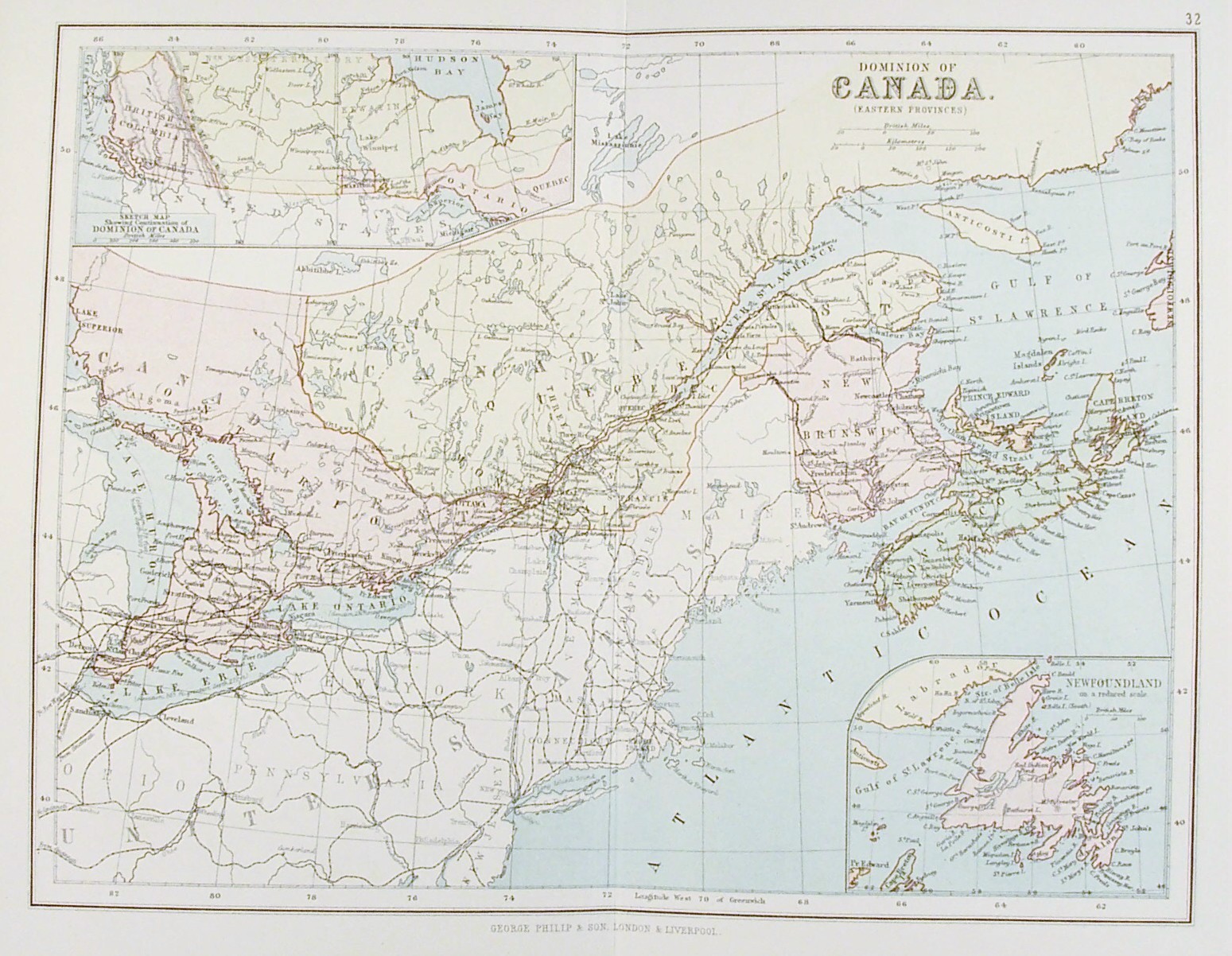 OLD ANTIQUE MAP CANADA EASTERN PROVINCES NORTH AMERICA c1879 NEWFOUNDLAND
