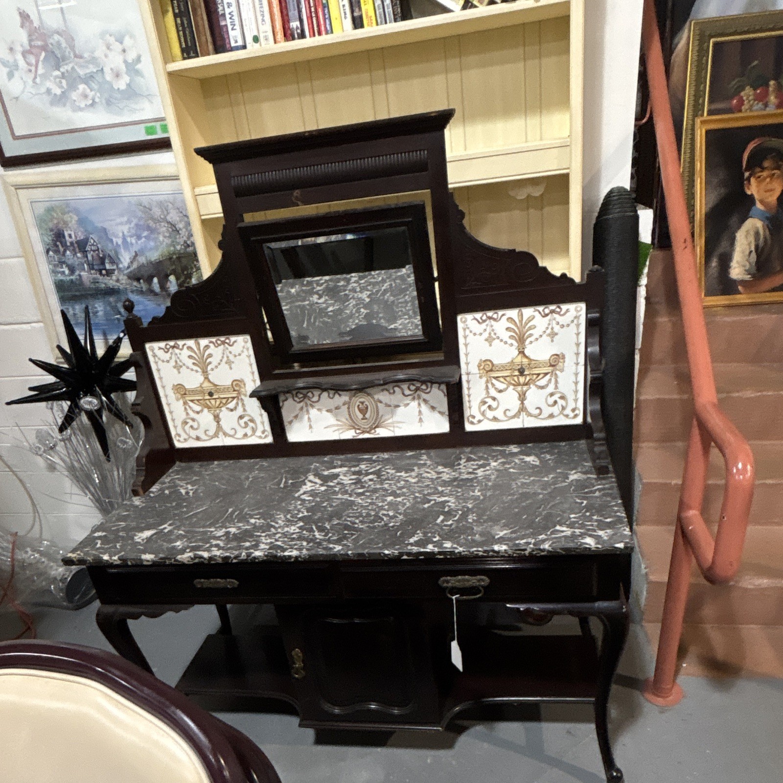 Antique Black Wood Secretary Desk w/ Drawers Marble-Style Top Tile Back