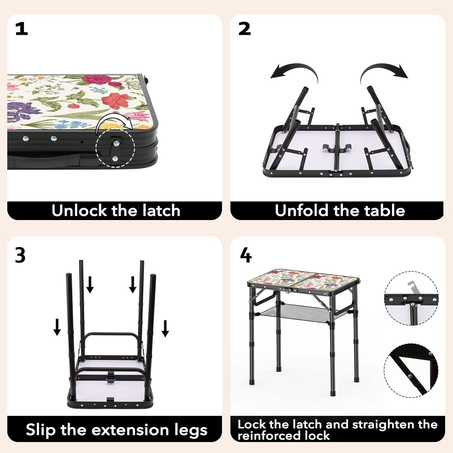 Folding Camping Table Adjustable Height Picnic Desk with Carry Handle Mesh Shelf