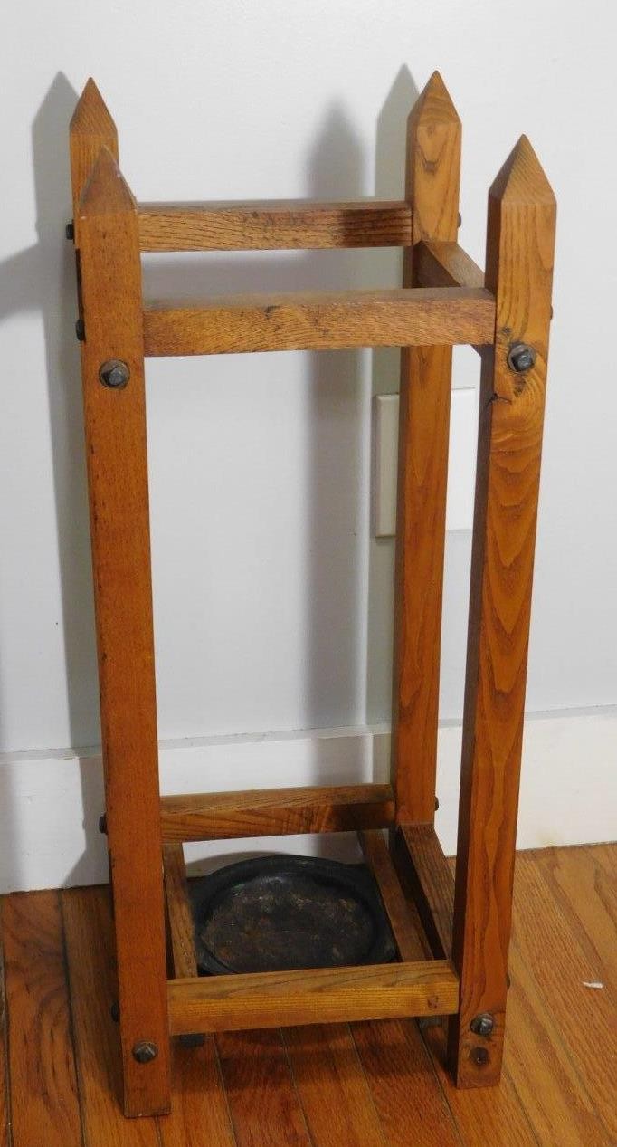 ANTIQUE ARTS & CRAFTS OAK UMBRELLA CANE HALL STAND 29.5” High