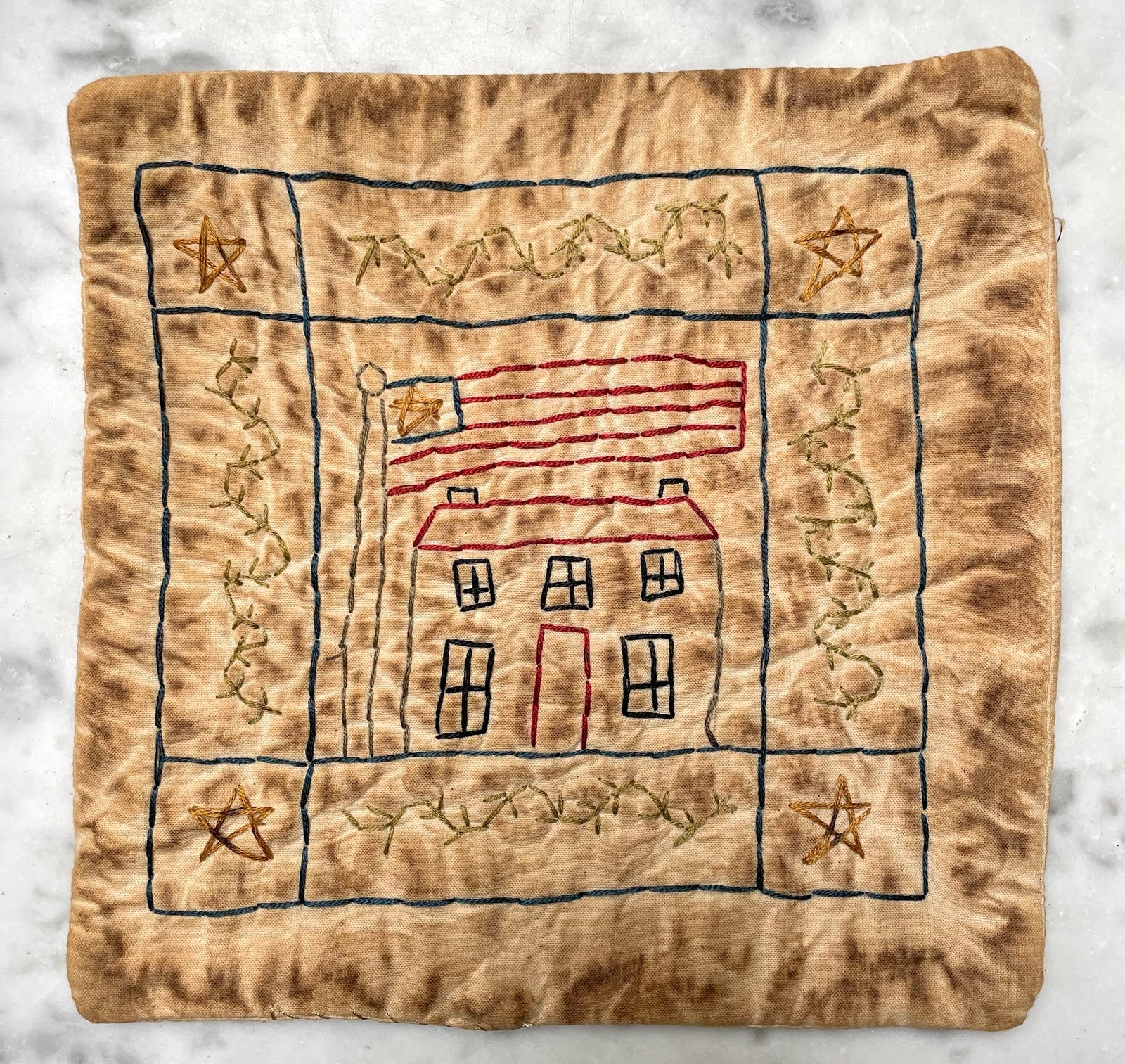 Primitive Handmade Candle Mat Grungy 9″ Flag Saltbox House w/ Stars Candle Mat