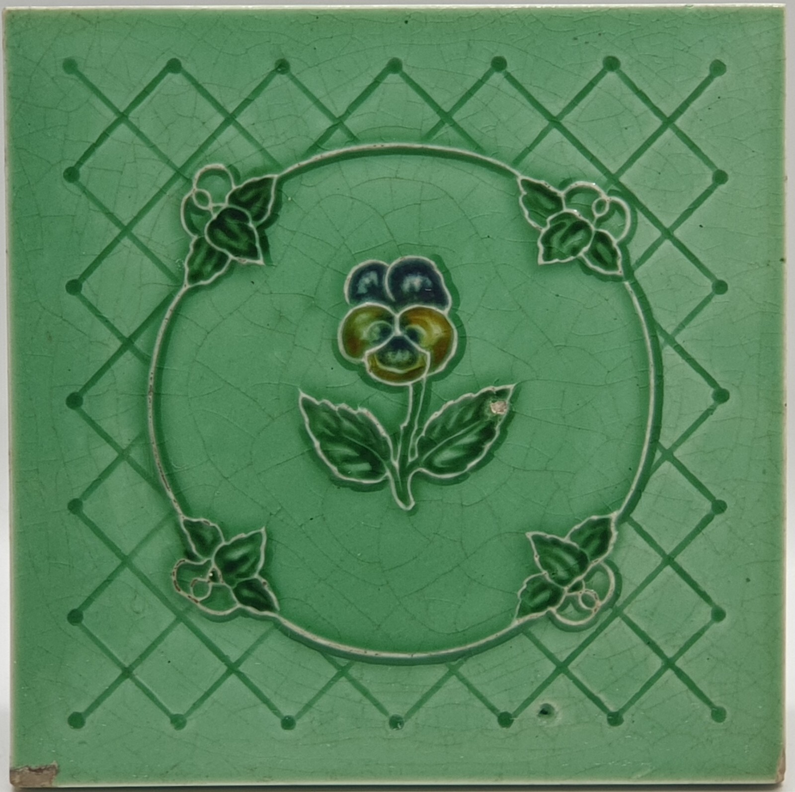 Art Nouveau Fireplace Green Glaze Floral Majolica Tile Corn Bros C1905 AE2
