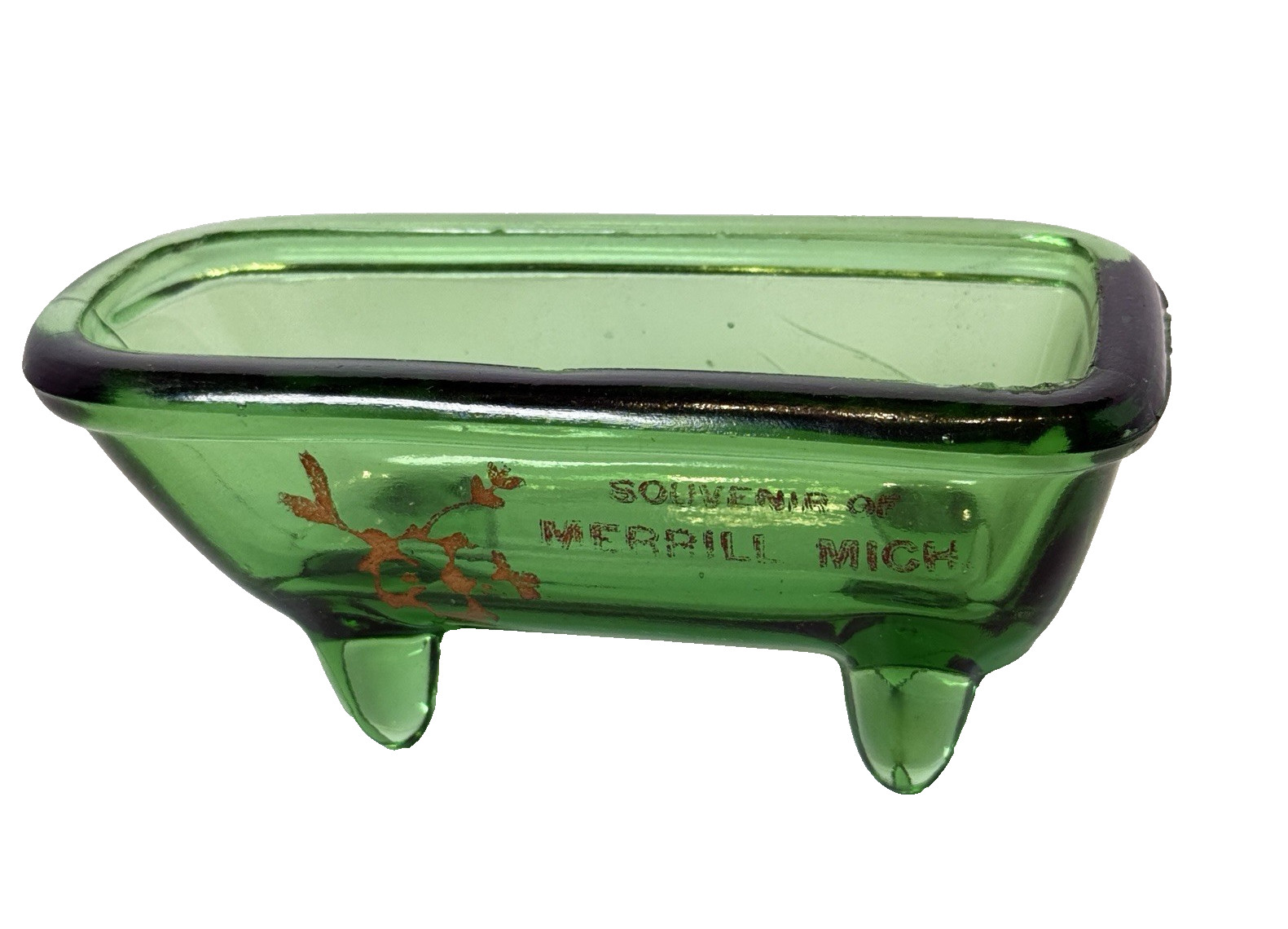 Antique MERRILL Michigan MI Green Depression Souvenir Glass Trinket Bathtub