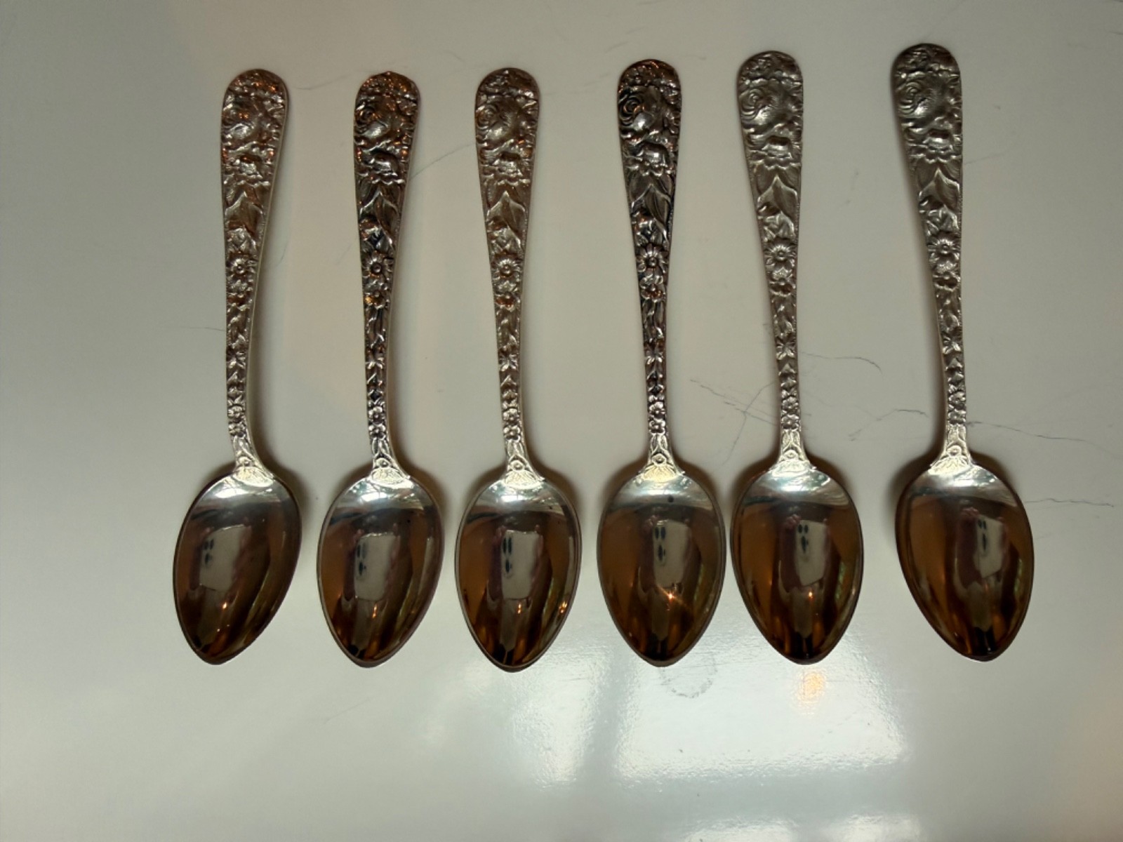 Antique S. Kirk & Sons Repousse Sterling Demitasse Spoons No Mono Lot of six