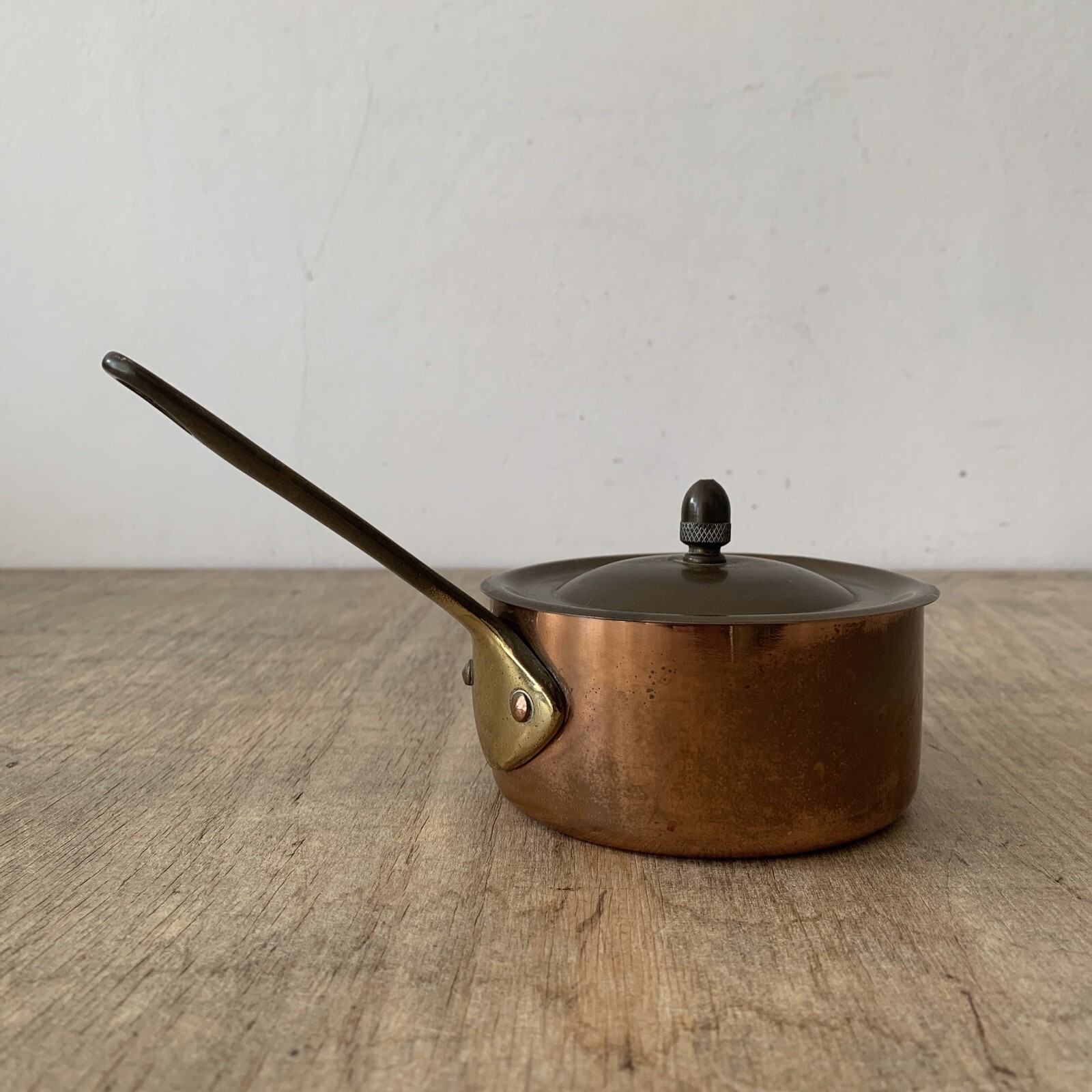 Antique Vintage Copper & Brass Handled Tin Lined Small Lidded Pan Cookware Decor