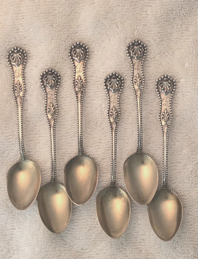CHARLES II by DOMINICK & HAFF Set 6 Sterling Silver DEMITASSE SPOONS B Mono