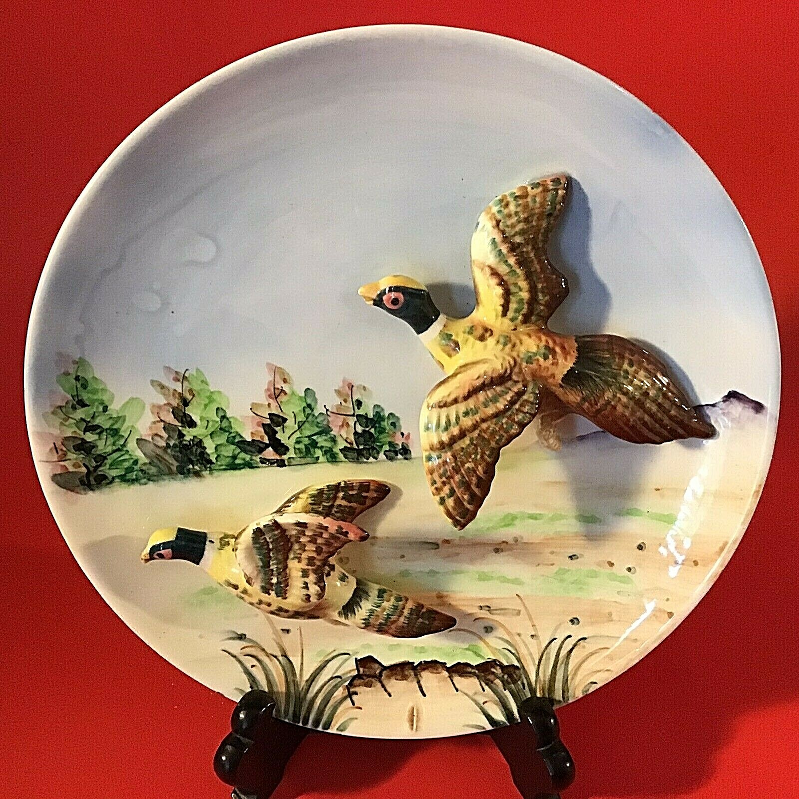 LEFTON PHEASANT PLATE 3D HAND DECORATED 8″ 1950’S MCM MULTI COLOR VINTAGE