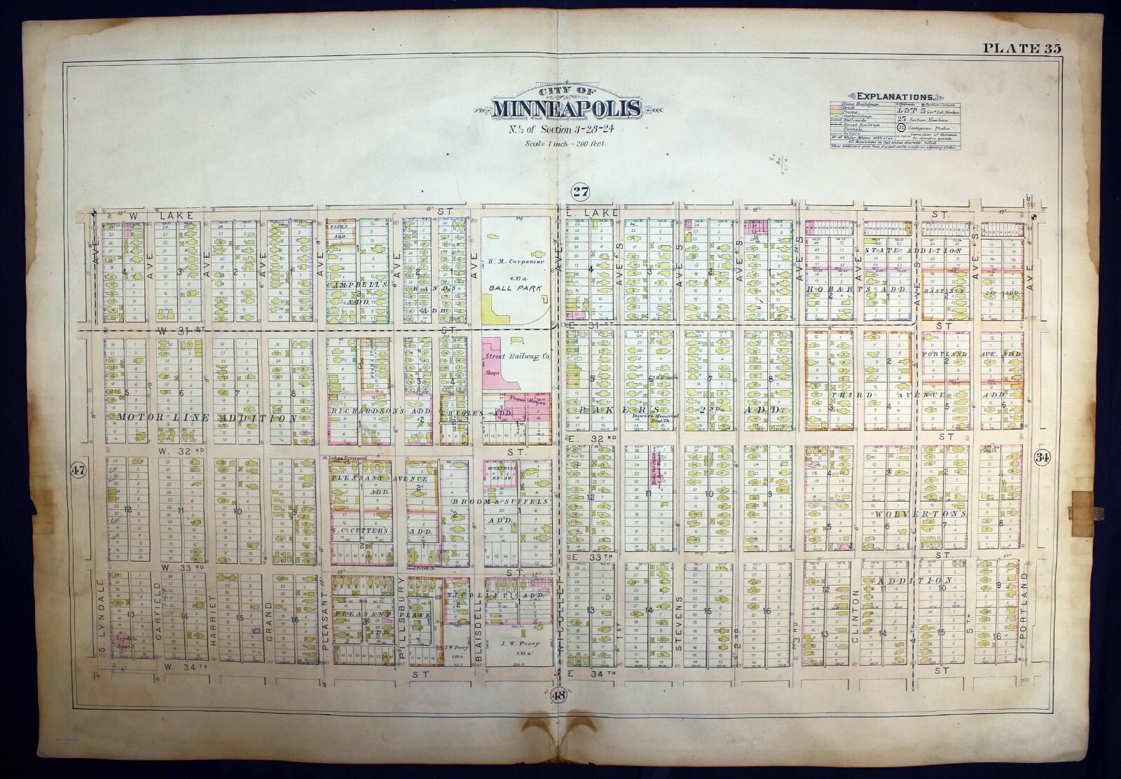 1898 Plat Map City of Minneapolis Sectional Lyndale Central Painter Park #35
