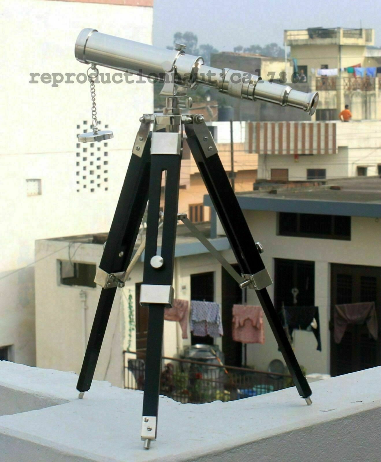 Nautical brass telescope Chrome finish with Black wooden tripod Stand Decorative