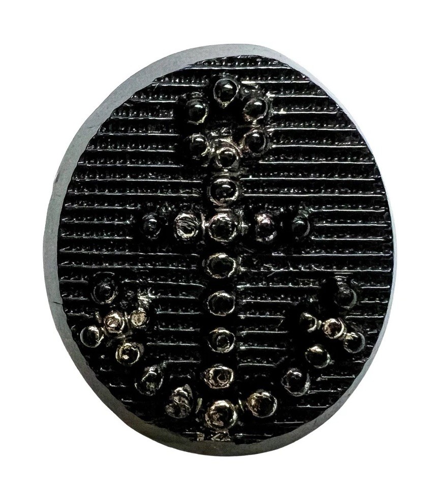 Antique Black Glass Button Anchor Silver Luster Picture Stripe Boat Novelty Oval