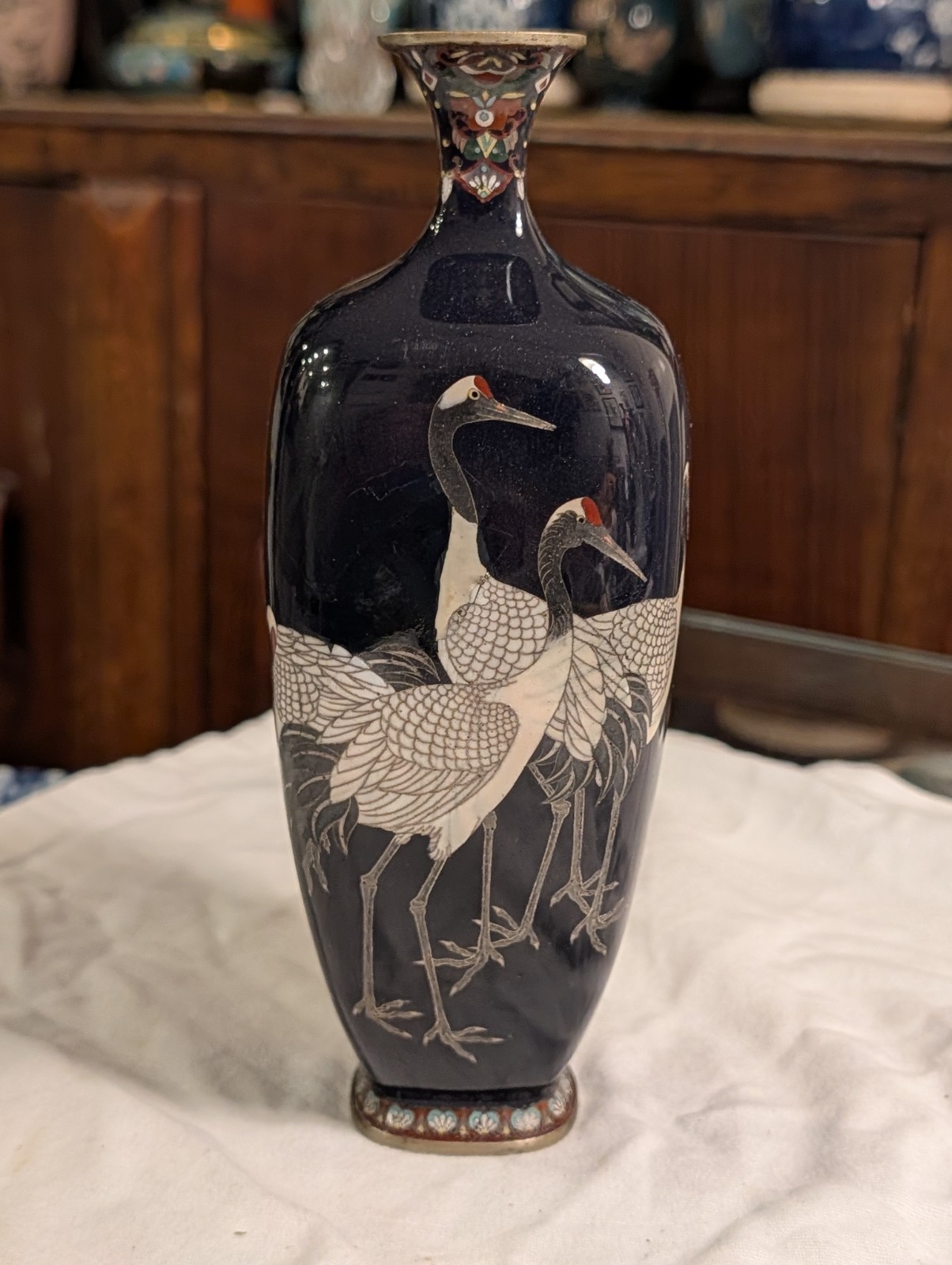 Japanese Meiji Cloisonné Vase Crane Pattern High Gloss Black Ground 18.5cm