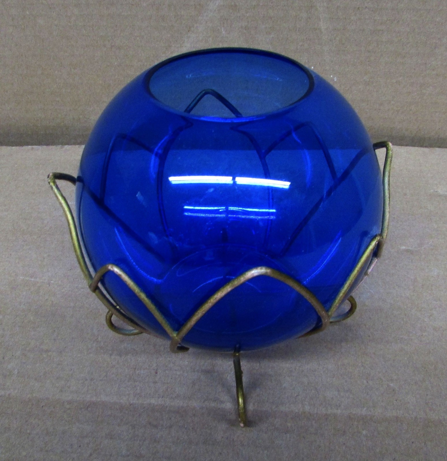Antique Dark Blue Glass Globe In Wire Frame 5″ Diameter