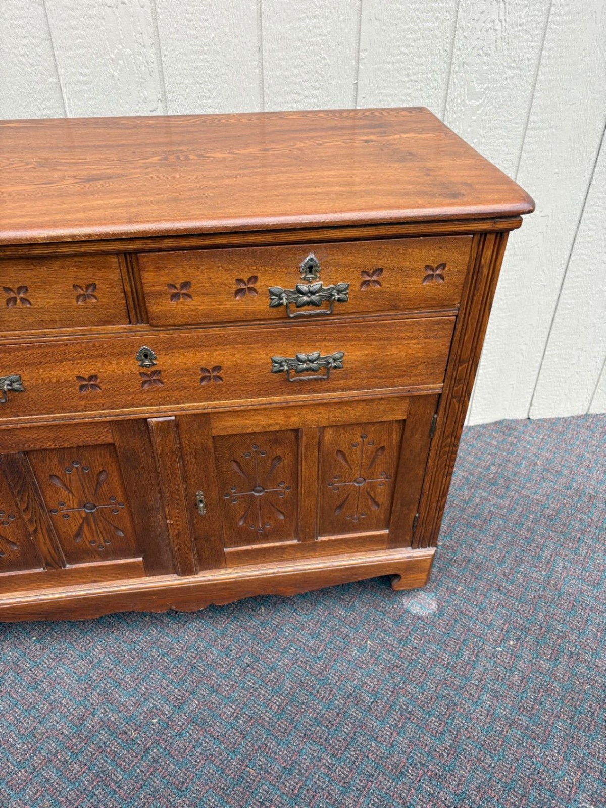 67625 Victorian Oak Buffet Server with Carved Details and Brass Hardware