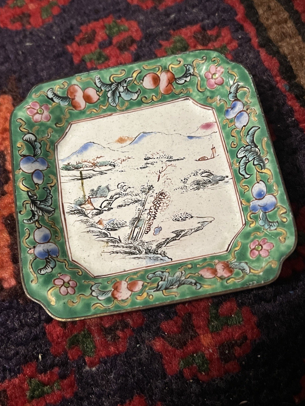 Antique Chinese Canton Enamel on Brass Square Trinket Pin Dish Landscape Scene