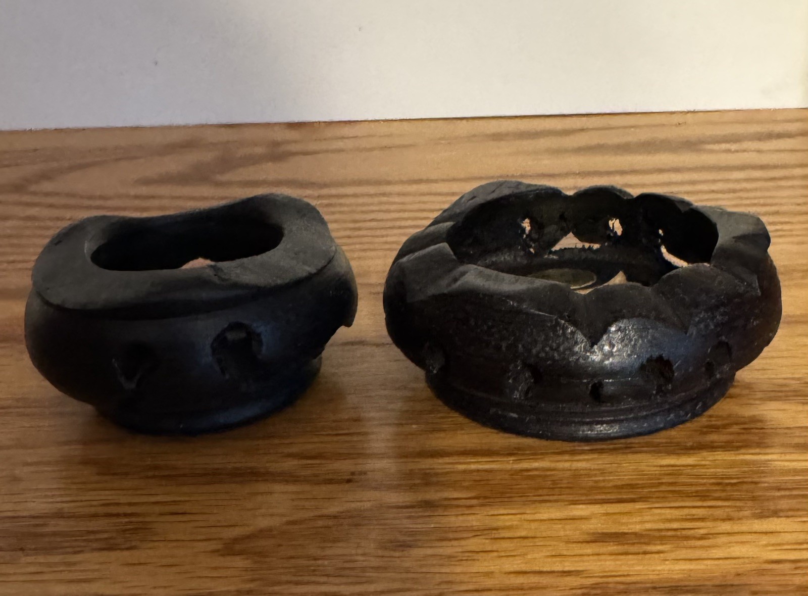 (2) Vintage Chinese Carved Wood Vase/Bowl Stand up to 5 1/8″ base & smaller
