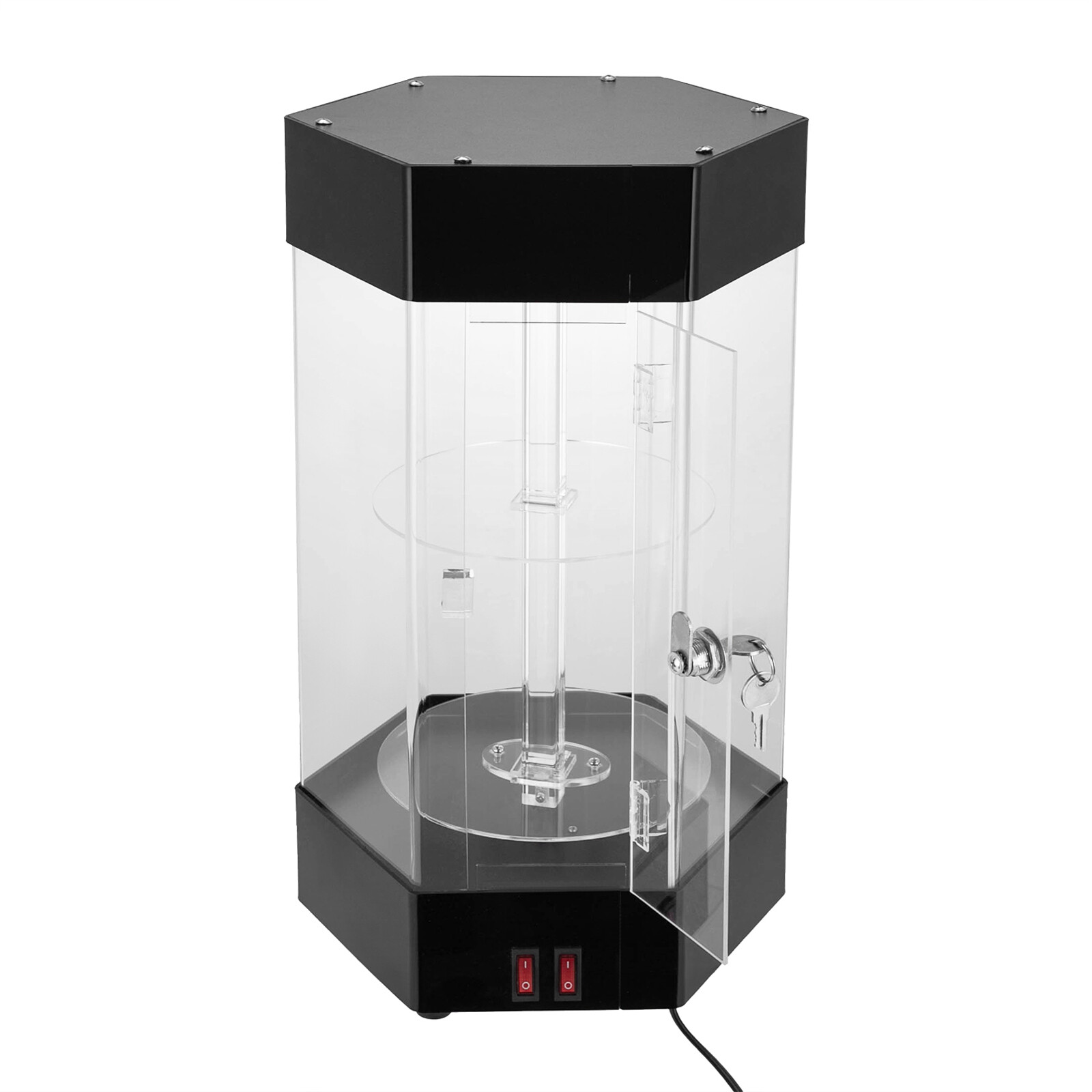 Electric Hexagonal Display Case with LED Lights and 360° Rotation