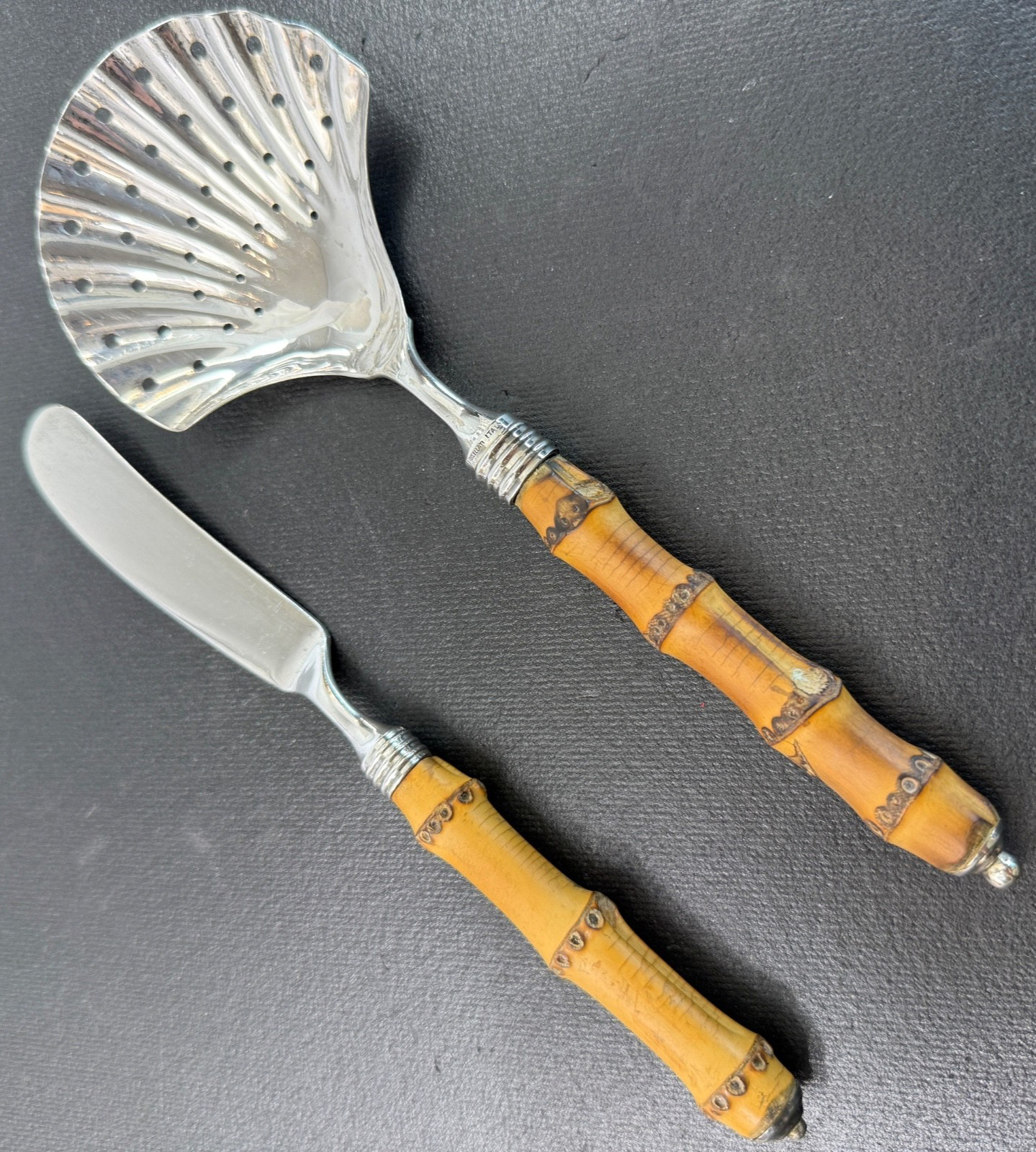 BUCCELLATI Italian 925 Sterling Silver Bamboo Handle Serving Spoon & Knife 184gr