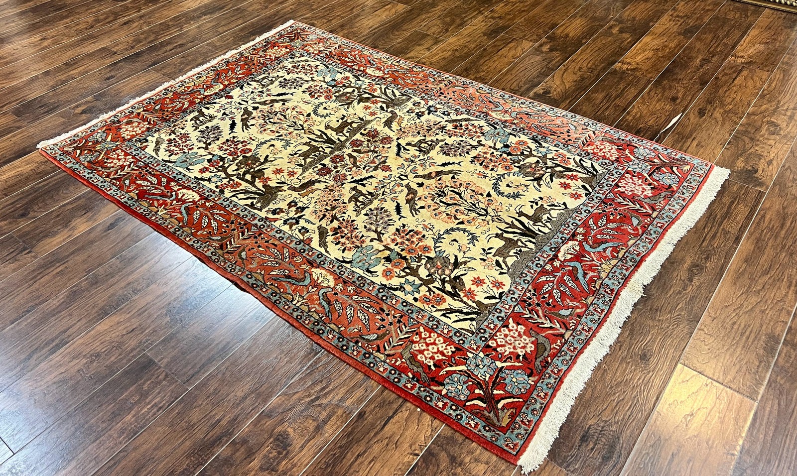 Tree of Life Rug 5×7 Animal Motifs Deer Birds Fine 225 KPSI Vintage Handmade