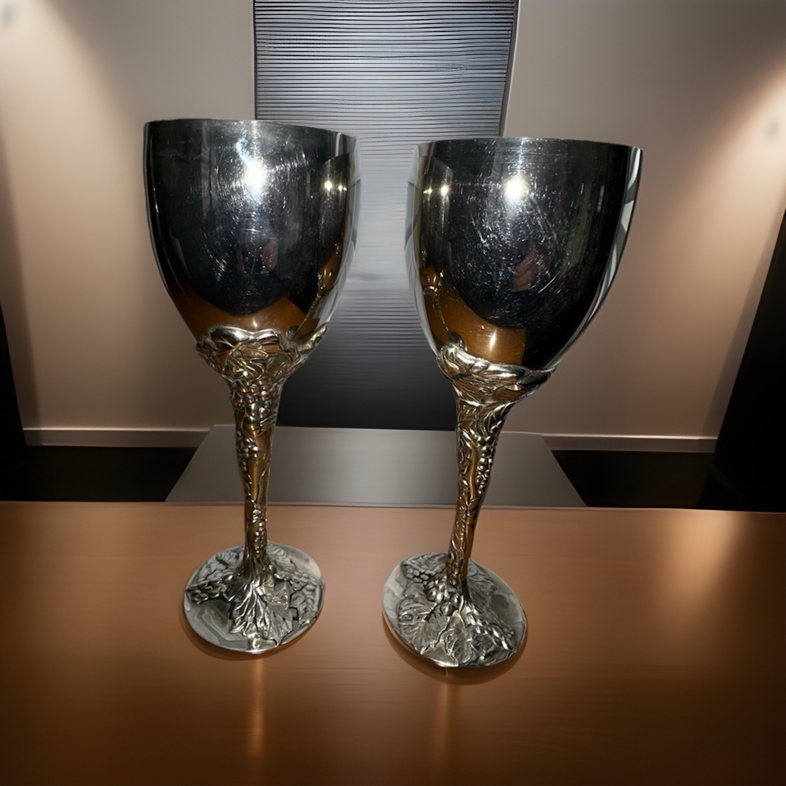 Godinger Goblets Silver Plated Vintage 7.5 in Grapevine Stem Wine Cups Set of 2