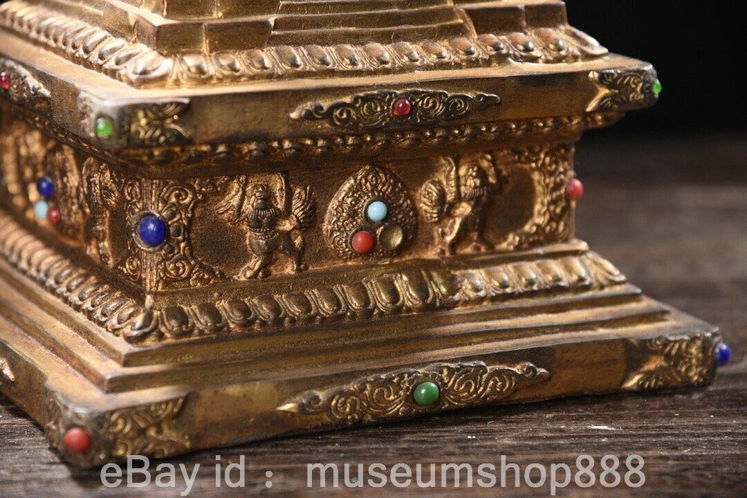 16.4″ Old Chinese Copper Gilt Gems Buddhism Shakyamuni Amitabha Buddha Pagoda