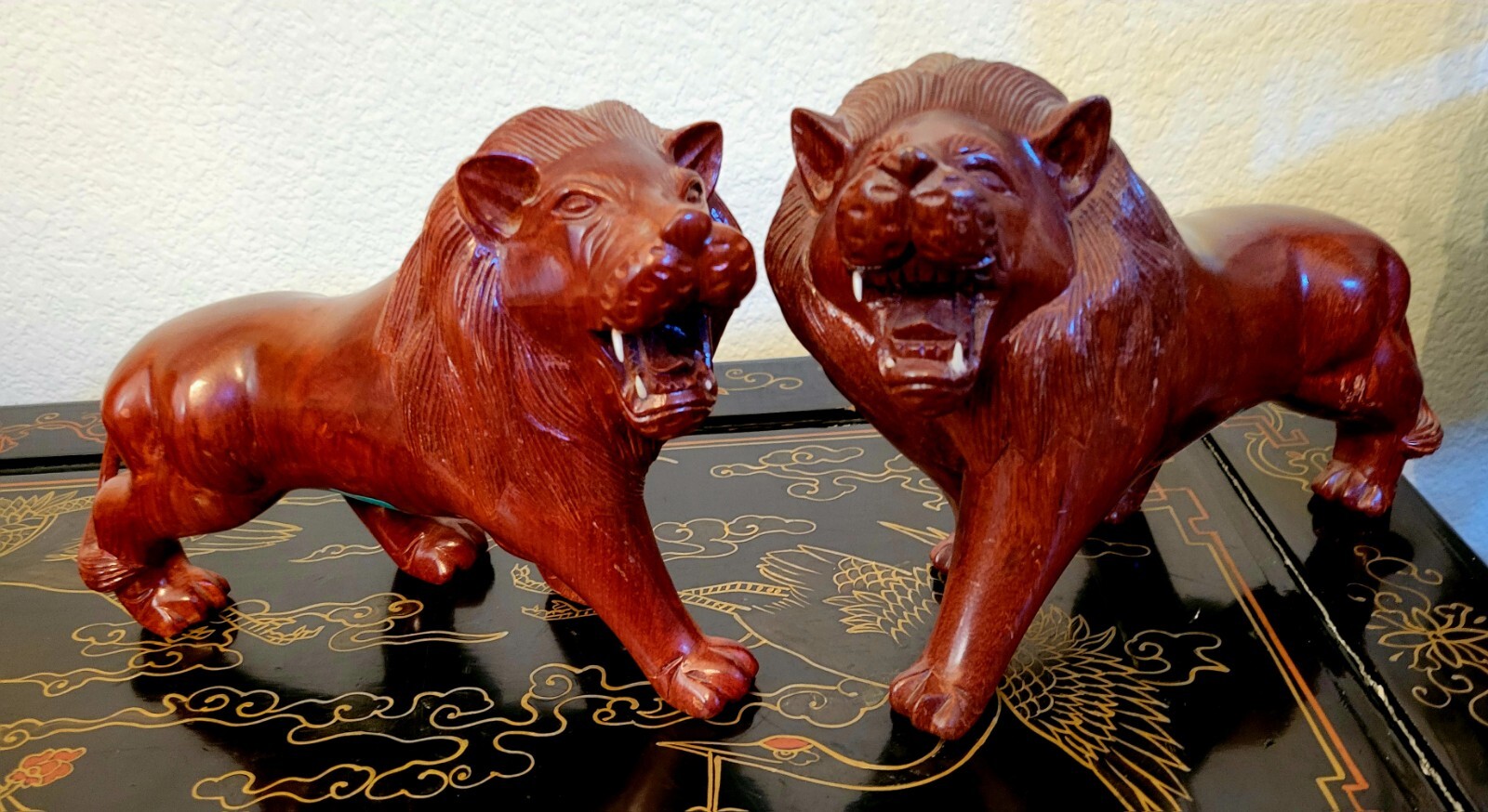 Chinese Huanghuali Wood Carved 10″ 4.75 Lbs Foo Dog Lion Pair Statue rare HTF!