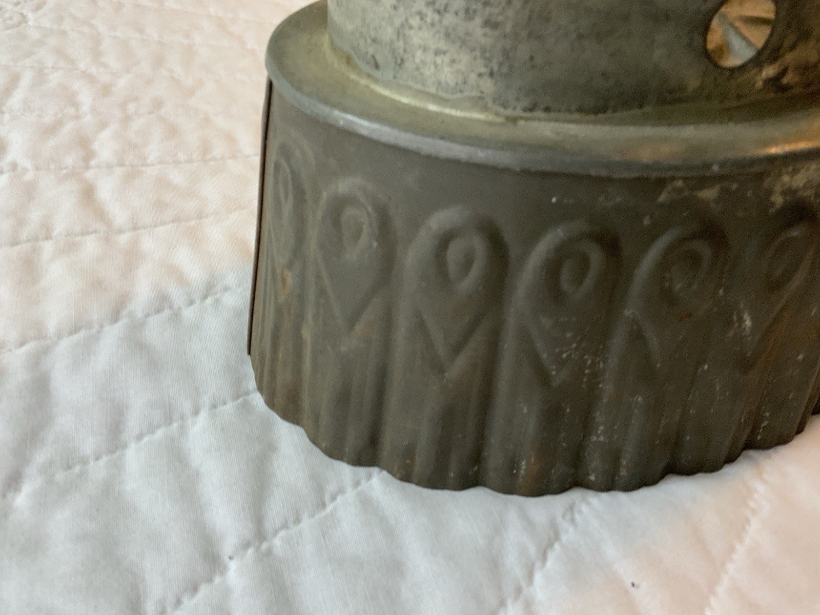 Antique Primitive Tin Mold, Fruit, Leaf, Nut Design Scalloped Edges, Dark Patina