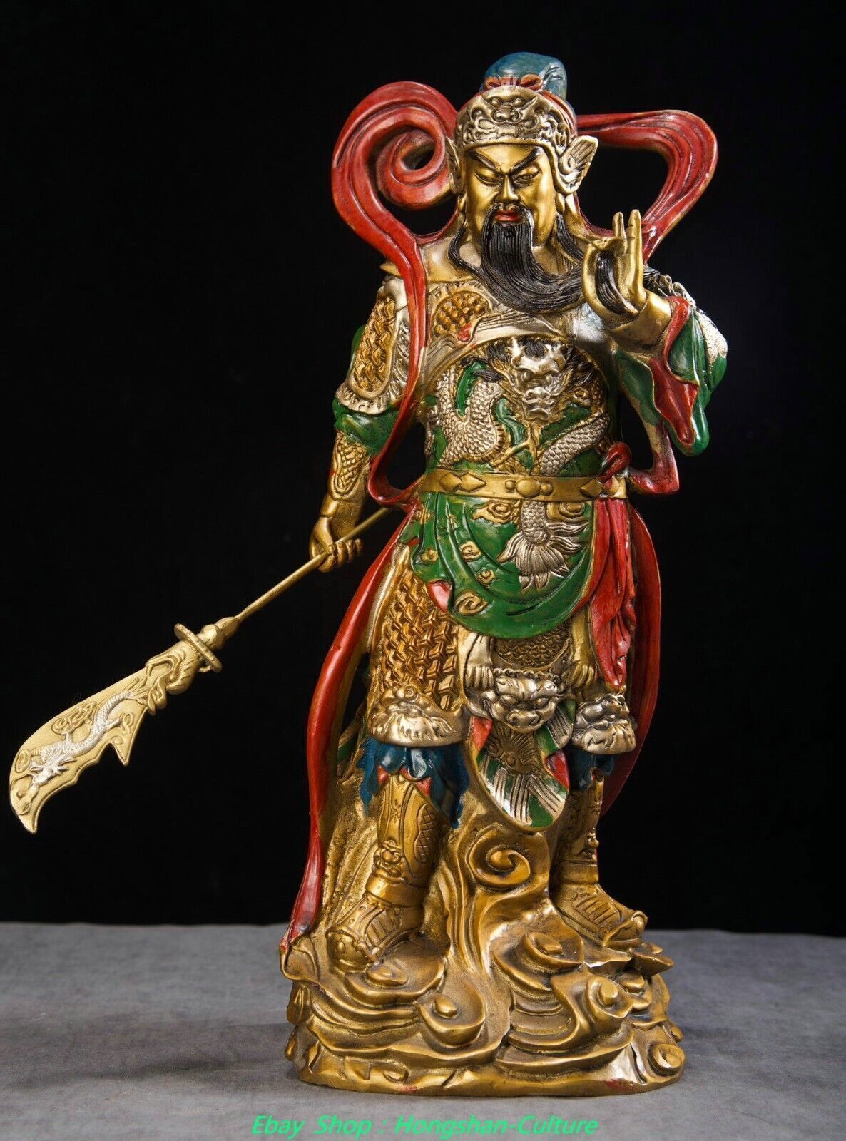 16.1” Old Purple Bronze Gold Painting Guan Gong Yu Yunchang Weapon Knife Statue