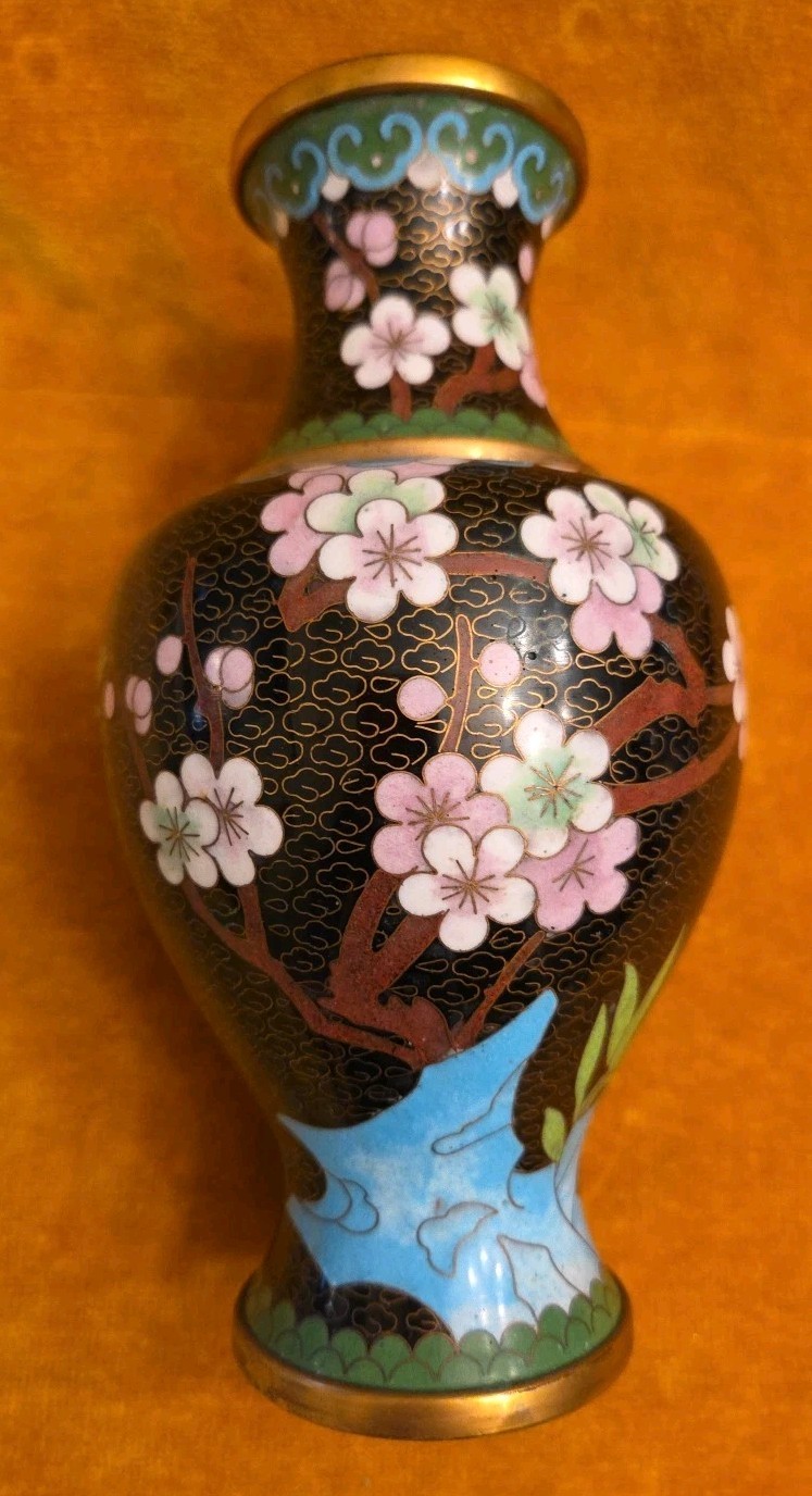 Vintage Chinese Cloisonné Brass Vase Black Cherry Blossom Plum Flowers 7.5”