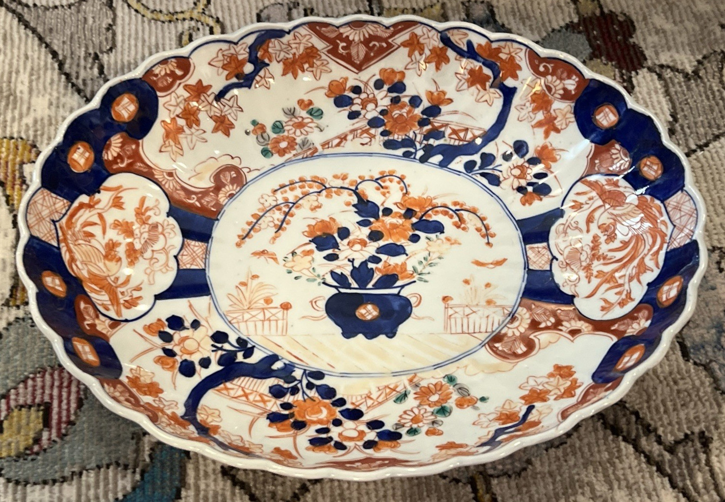 Antique 19th C. Japanese Meiji Imari Oval Scalloped Plate Bowl Dish 12.5″ X 10″