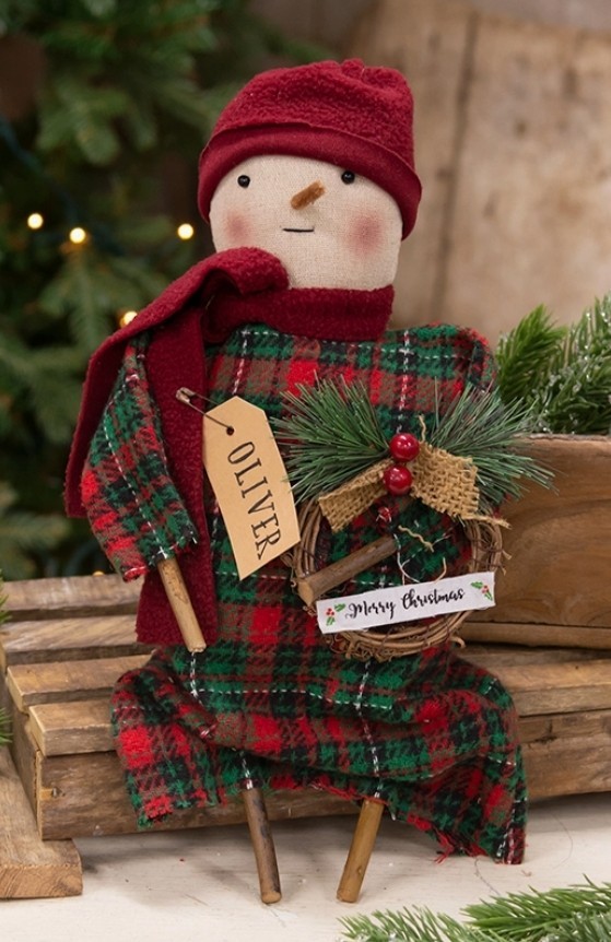 Primitive Christmas Oliver the Snowman Doll 14″ Red Green Plaid Homespun NEW