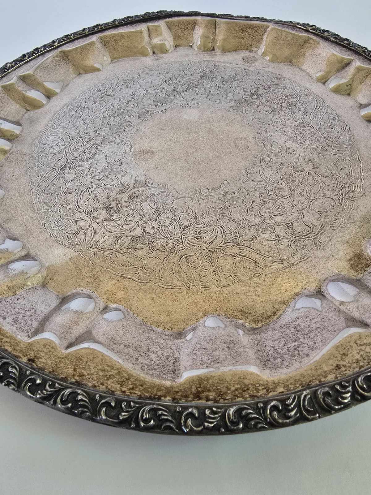 VTG Admiration Silver on Copper Handled Tray 16” Vintage Gallery Scroll Rim