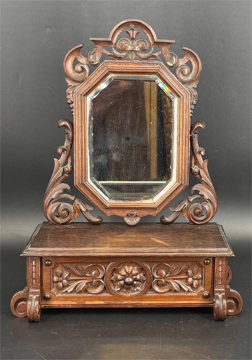 Antique Victorian Wooden Dresser Box with Mirror – Ornate Jewelry Storage