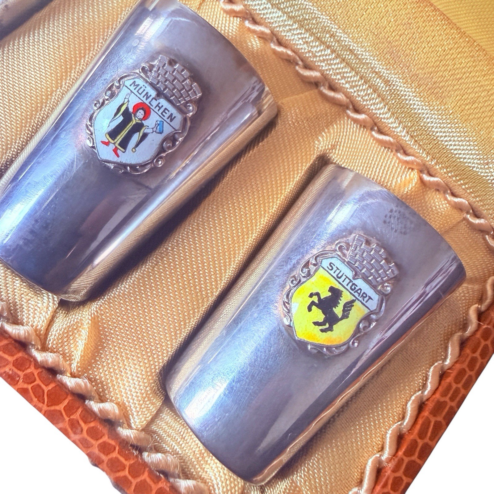 Vintage German 800 SILVER Shot Glasses Set Enamel City Crests Boxed Fritz Reu 6