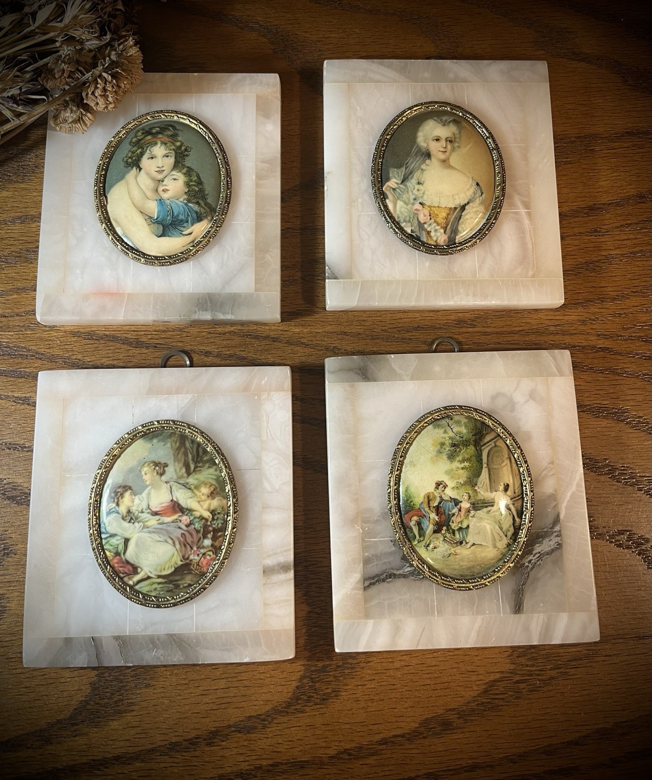 Vintage antique set of 4 concave cameos on marble wall plaques Victorian ladies