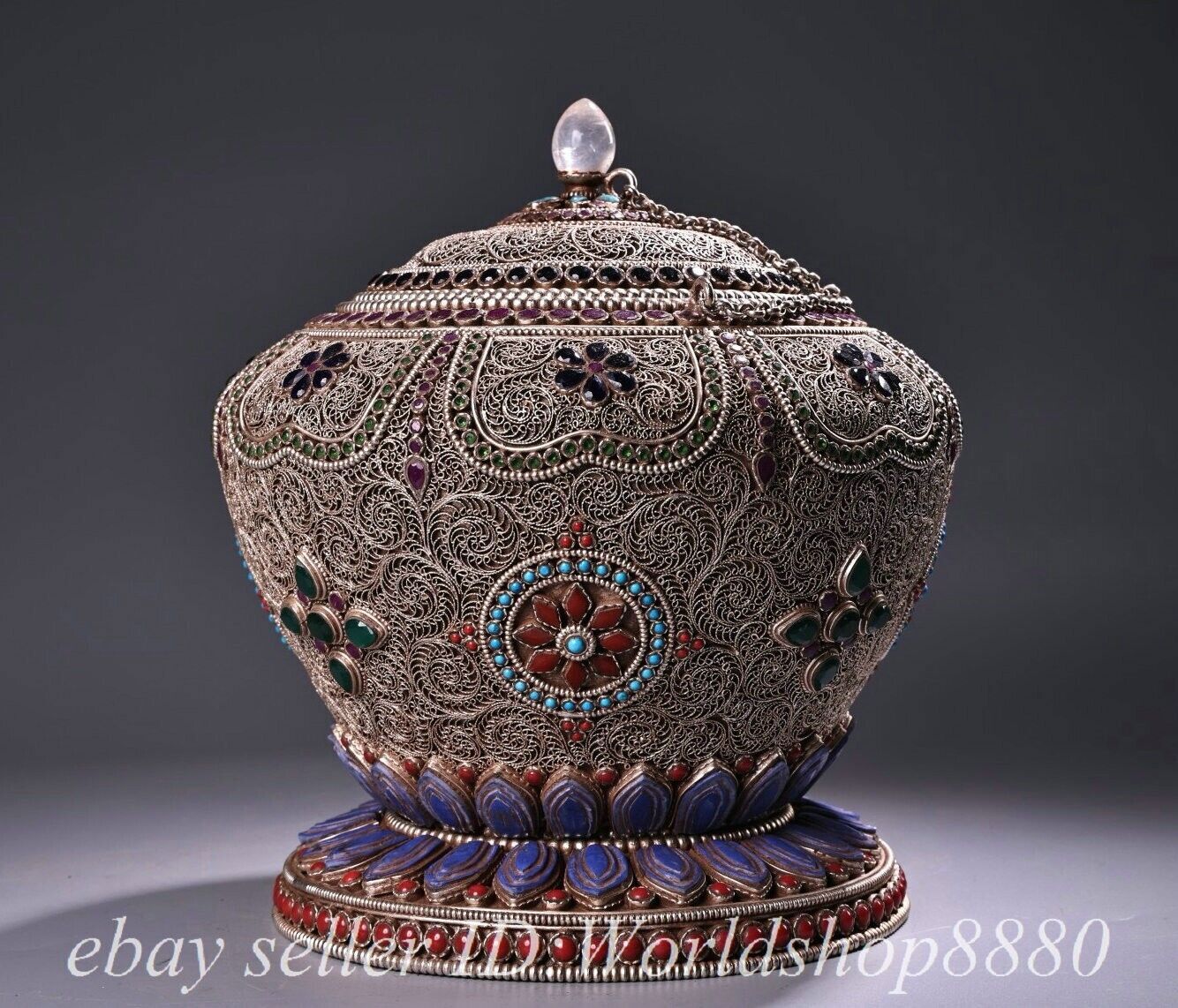 8.8″ Old Tibet Crystal Pure Silver Filigree Temple Jar Pot Crock Statue
