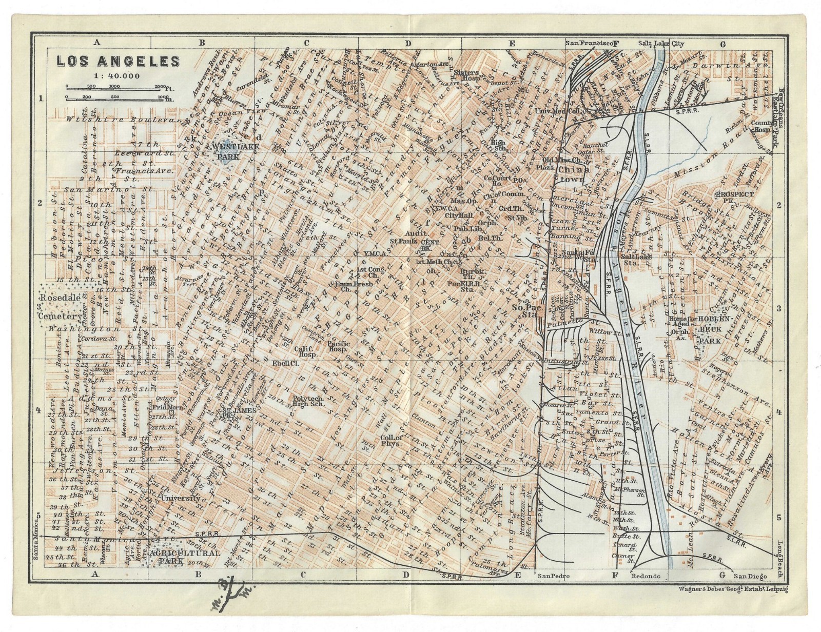 1909 Original Lithograph Color Street Map of LOS ANGELES California Wagner&Debes