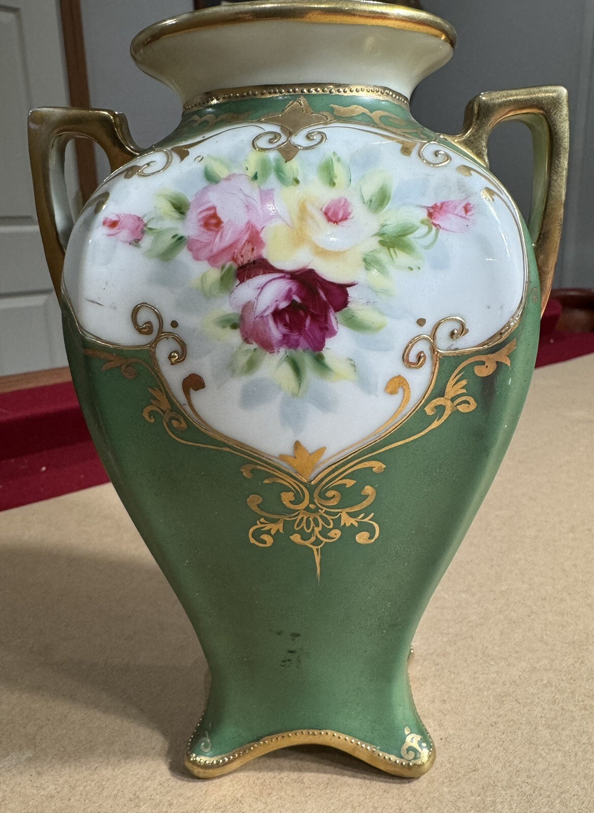 Nippon M Hand Painted Gold Moriage Double Motif Antique Double Handle Vase READ