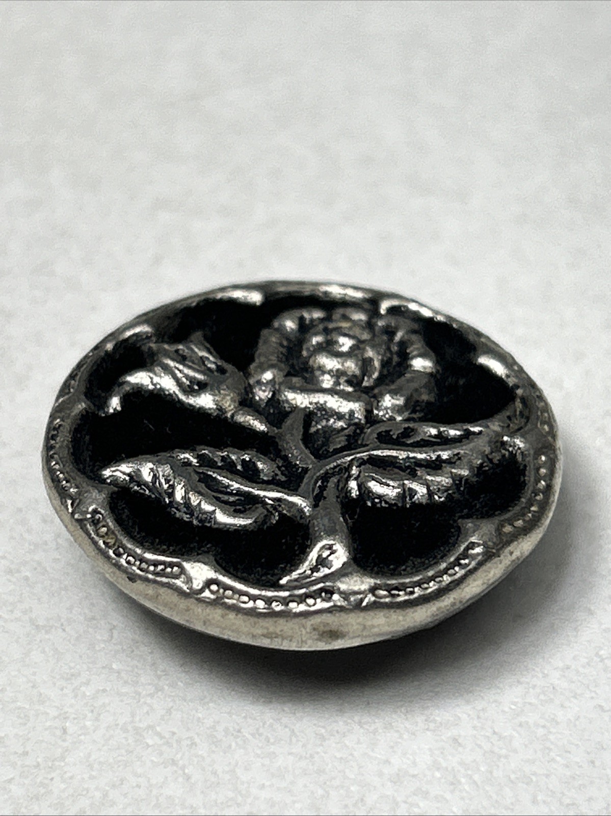 Antique Metal Sewing Button Silver Tone Flower On Top Of Black Velvet