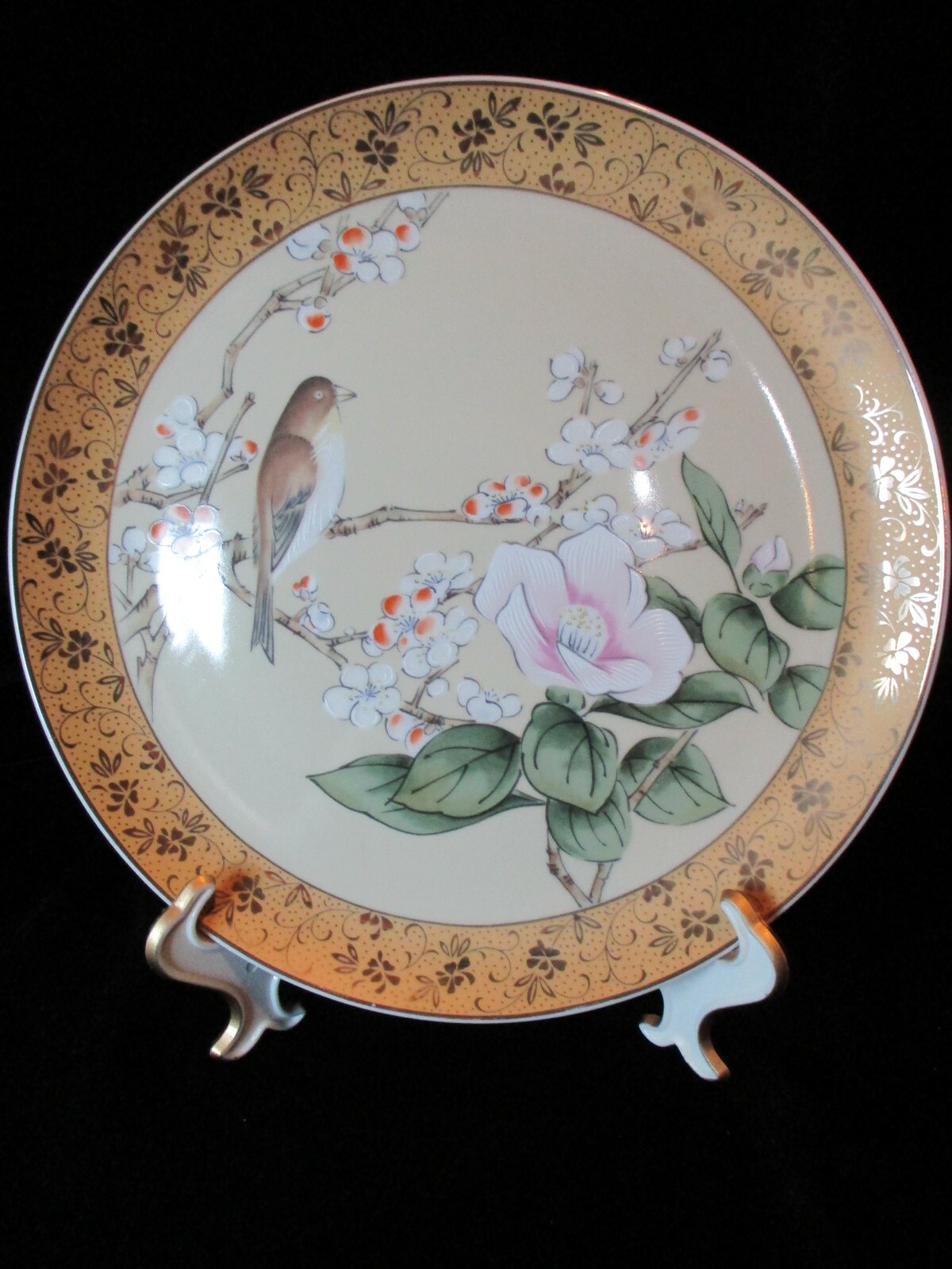 JAPANESE PLATE BIRD PINK ORANGE & WHITE FLOWERS TAN YELLOW BORDER GOLD FLOWERS