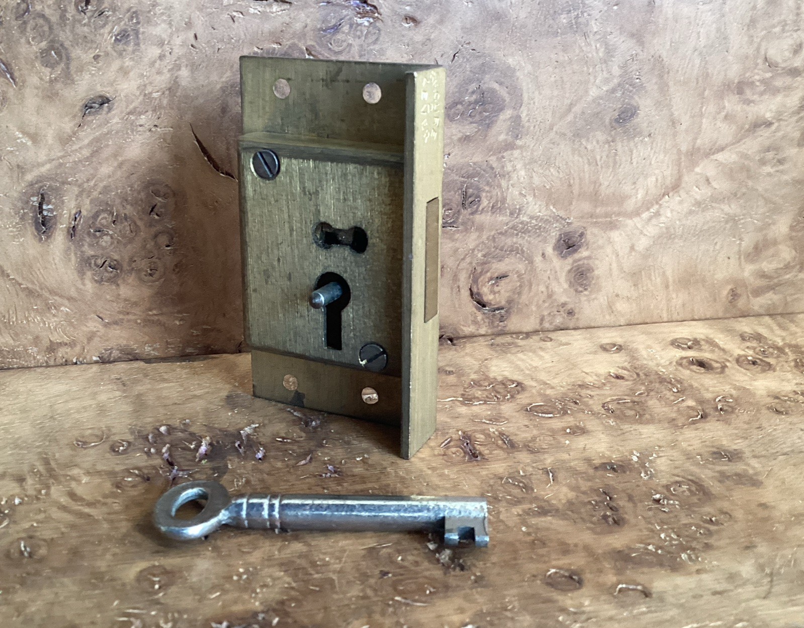 Vintage Antique Brass Half Mortise Lock L- 64mm X W 38mm X D- 12mm + 1 Key R/H.