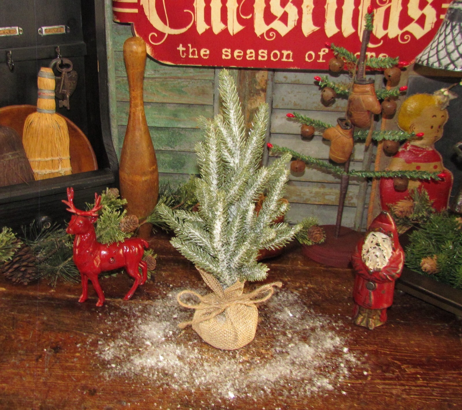 Primitive Mini Artificial Spruce Pine 12″ Snow Flocked Table Top Christmas Tree